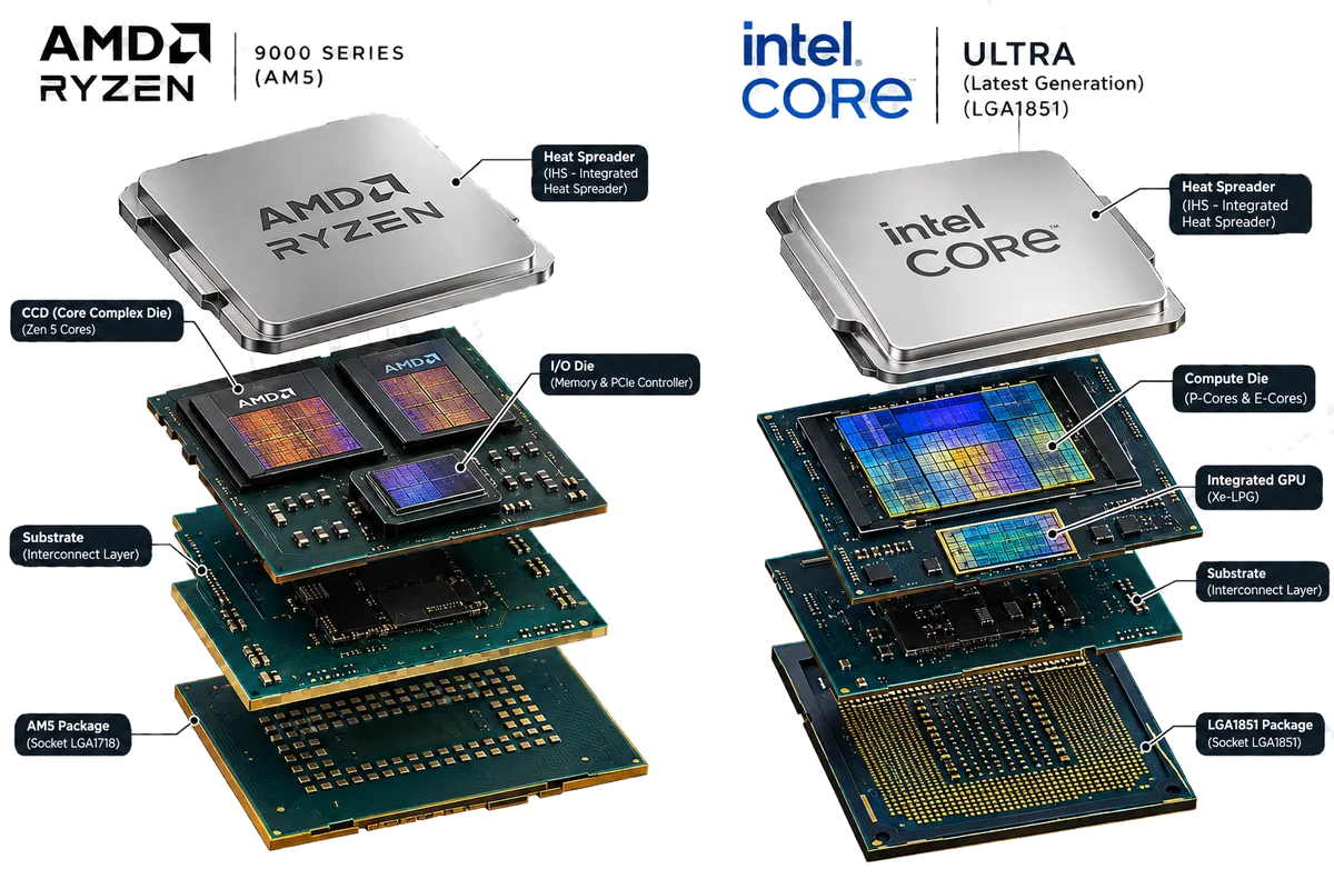 Exploded view of an AMD Ryzen 9000 and an Intel Core Ultra processor: heat spreader, core dies, substrate and socket package
